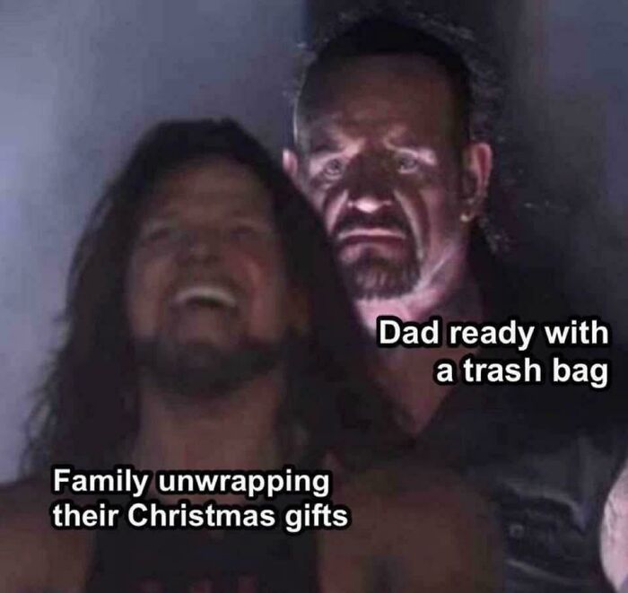 Dad humor meme: family laughing while dad stands behind, ready with a trash bag.
