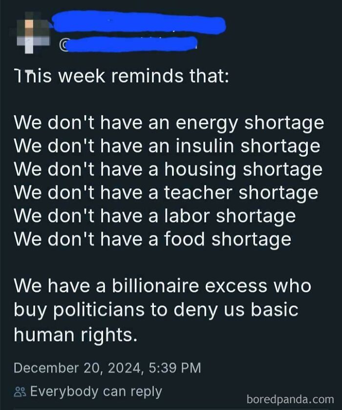 Social media post highlighting lack of shortages but excess of billionaires influencing politics; a facepalm moment.