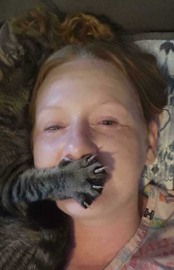 Cat with sharp claws playfully rests its paw on a woman's face, blending adorable and scary elements.
