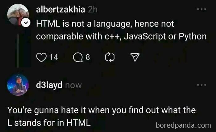 Meme for programmers: Debate on HTML being a language, with a witty response about the "L" in HTML.