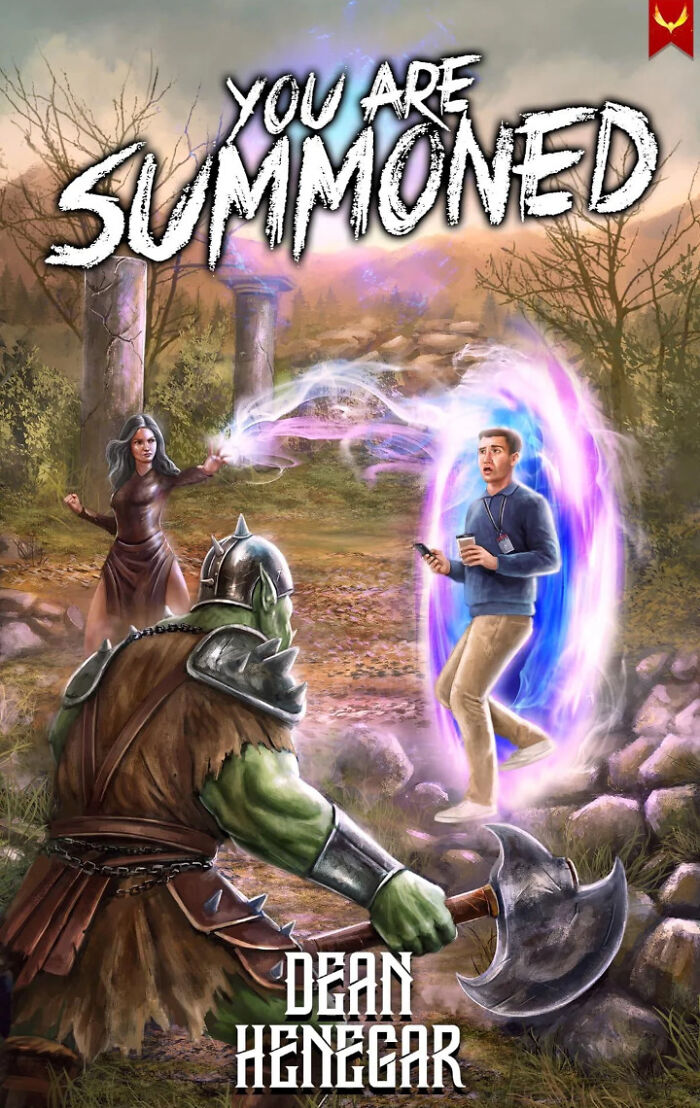 Terrible book cover shows a man in a portal facing a fantasy world with a sorceress and an orc warrior.