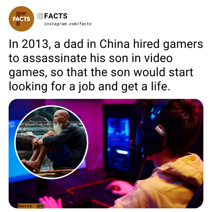 Young gamer at a computer, wearing headphones, with an inset of an elderly man, illustrating fascinating life facts.