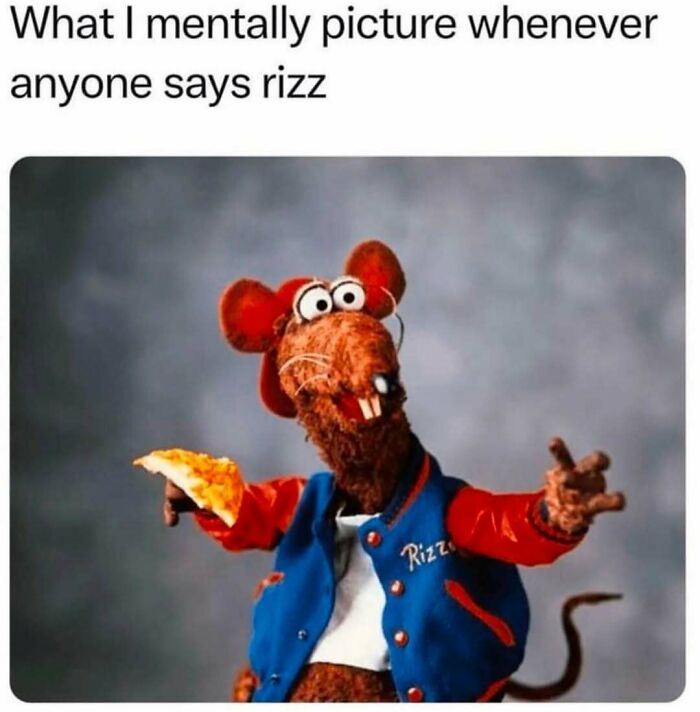A rat puppet holds pizza, wearing a blue jacket with "Rizzo," illustrating a funny meme.