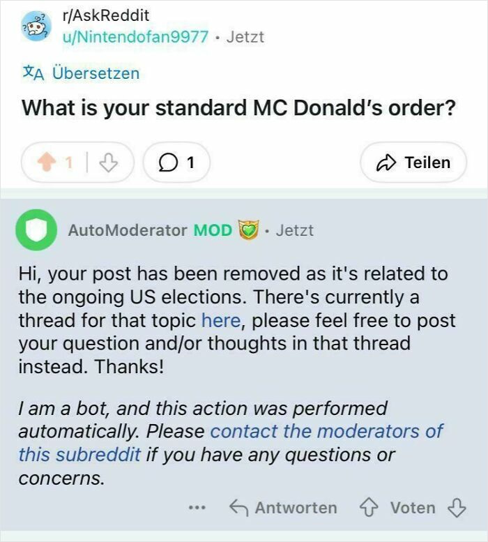 Reddit post about a McDonald's order removed by AutoModerator due to US elections, showing mundane content.