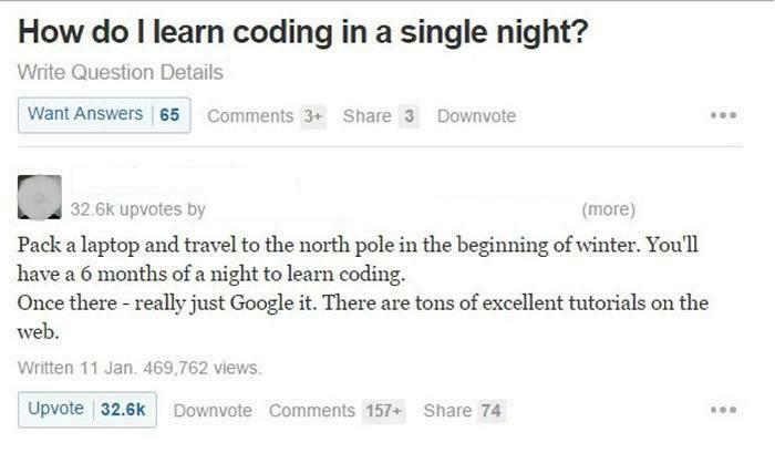 Funny meme for programmers about learning coding in a single night with humorous advice on traveling to the North Pole.