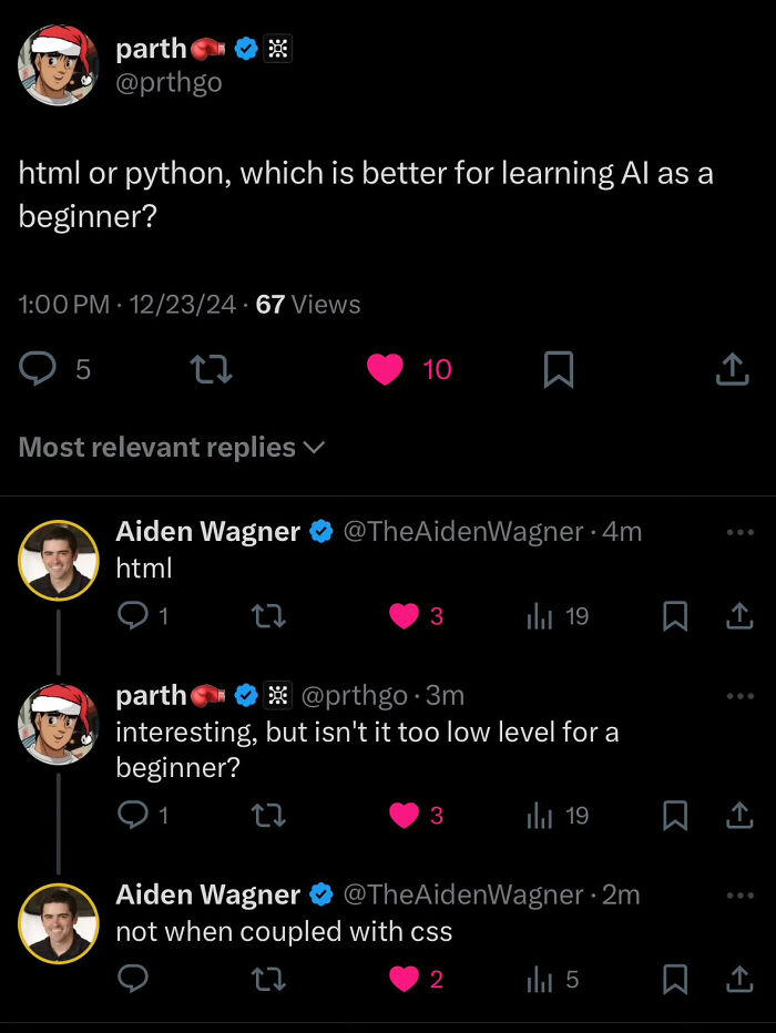 Programming meme about choosing between HTML and Python for AI beginners, with humorous replies discussing learning levels.