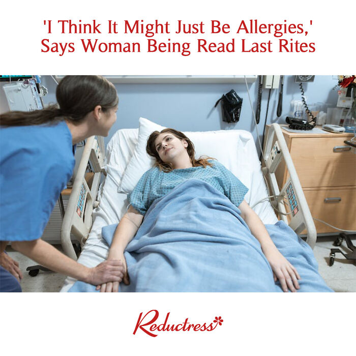 Patient lying in hospital bed holding nurse's hand, illustrating funny fake article headlines from Reductress online magazine.