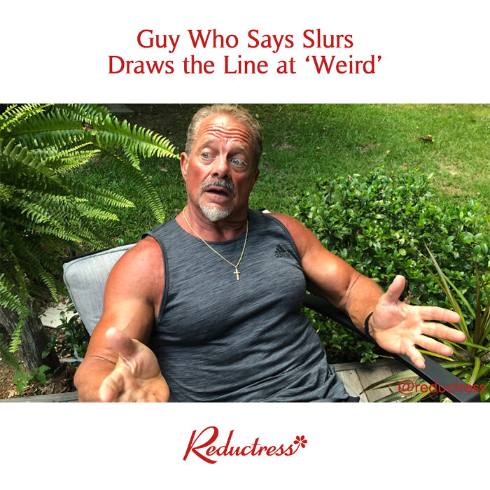 Man in sleeveless shirt making expressive gesture outdoors in humorous fake article headline from Reductress magazine.