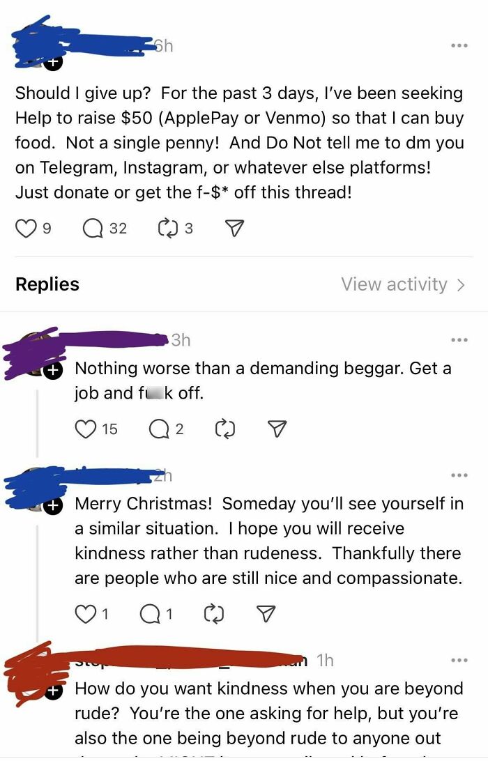 Online post showing beggars being choosers with demanding request for donations and critical replies.