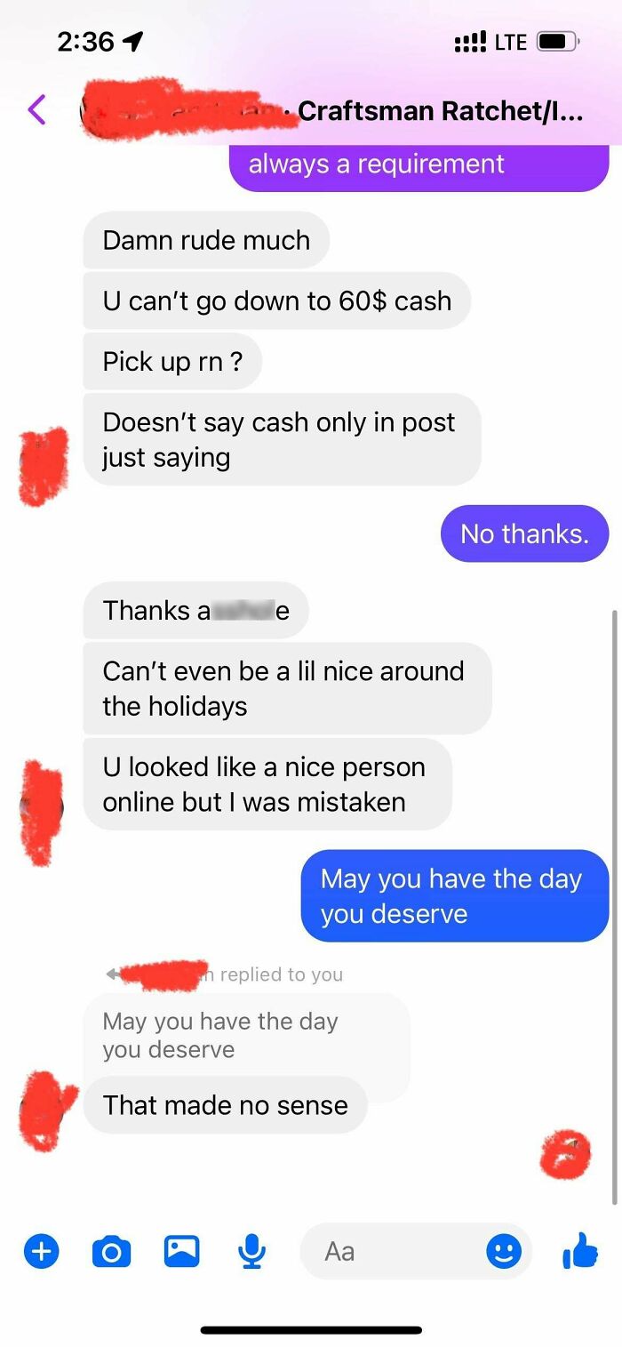 Chat exchange showing a beggar being chooser, demanding lower prices and reacting rudely when refused.