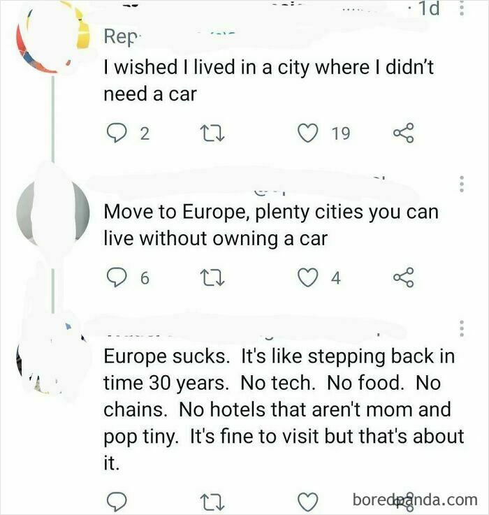 Screenshot of a social media conversation highlighting humorous misunderstandings about Europe and transportation.