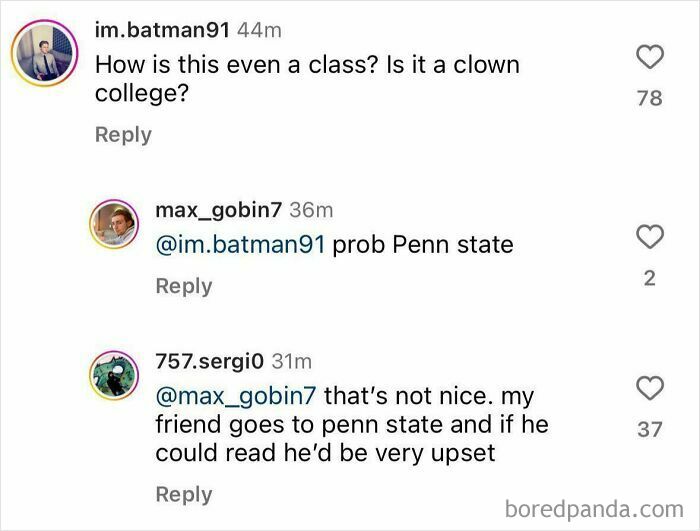 Humorous comment exchange about class and Penn State on Instagram, showcasing funny people roasts.