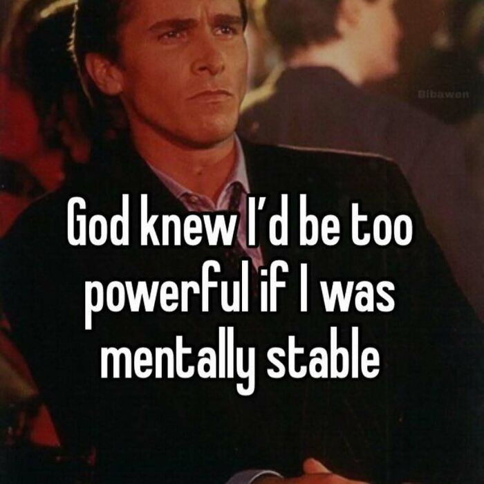 Man in suit with meme text about mental stability, relating to funny memes and therapy being expensive.