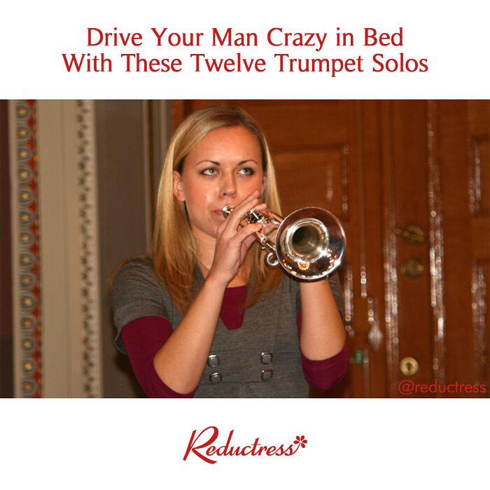 Woman playing trumpet indoors, featured in 100 funniest fake article headlines from Reductress online magazine.