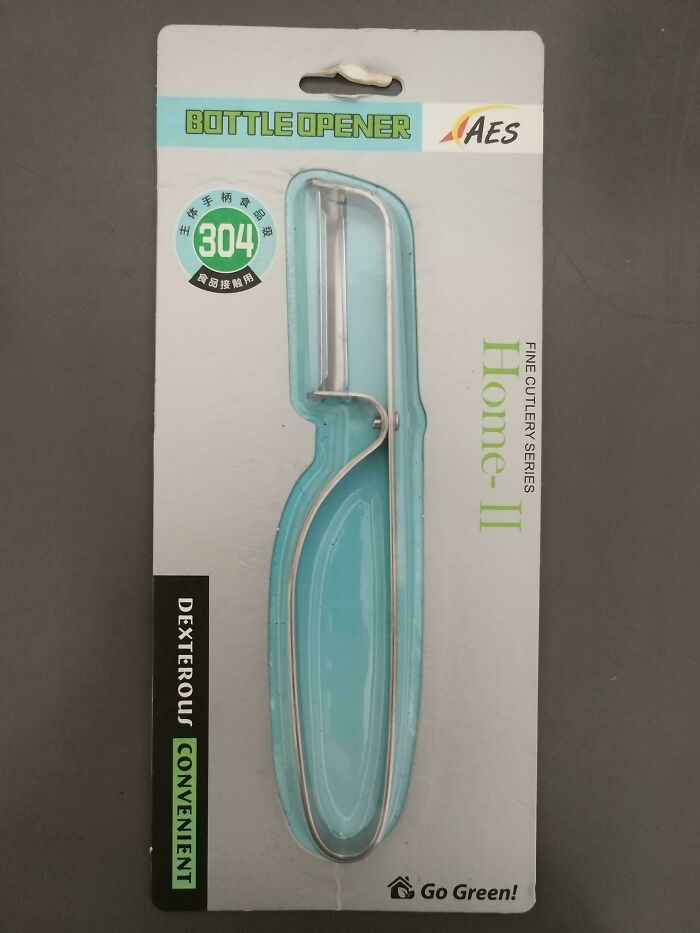 Packaging showing a kitchen peeler labeled as a bottle opener, highlighting a perfectly preventable fail.