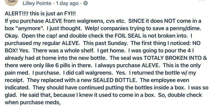 Screenshot of a wild post on a neighbors app warning about Aleve bottles missing boxes and broken seals shared by a user.