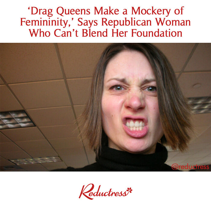 Angry woman making a grimace in an office setting illustrating a funny fake article headline from Reductress online magazine.