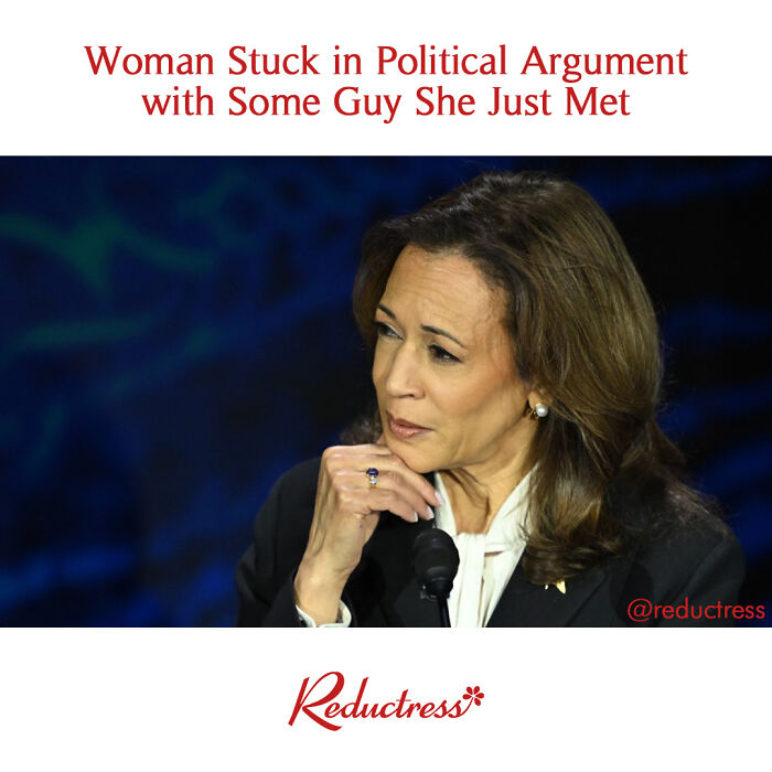 Woman appearing thoughtful during a political argument, featured in a funny fake article headline by Reductress online magazine