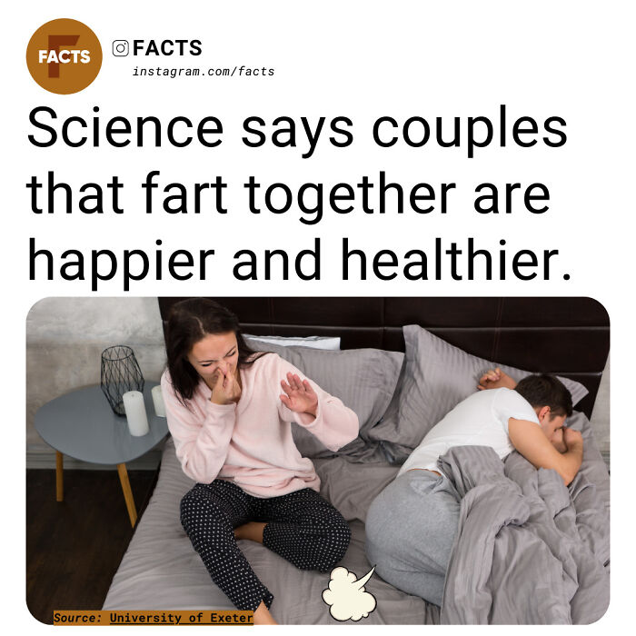 Couple laughing in bed, embracing humor, with text about fascinating facts of happier relationships.