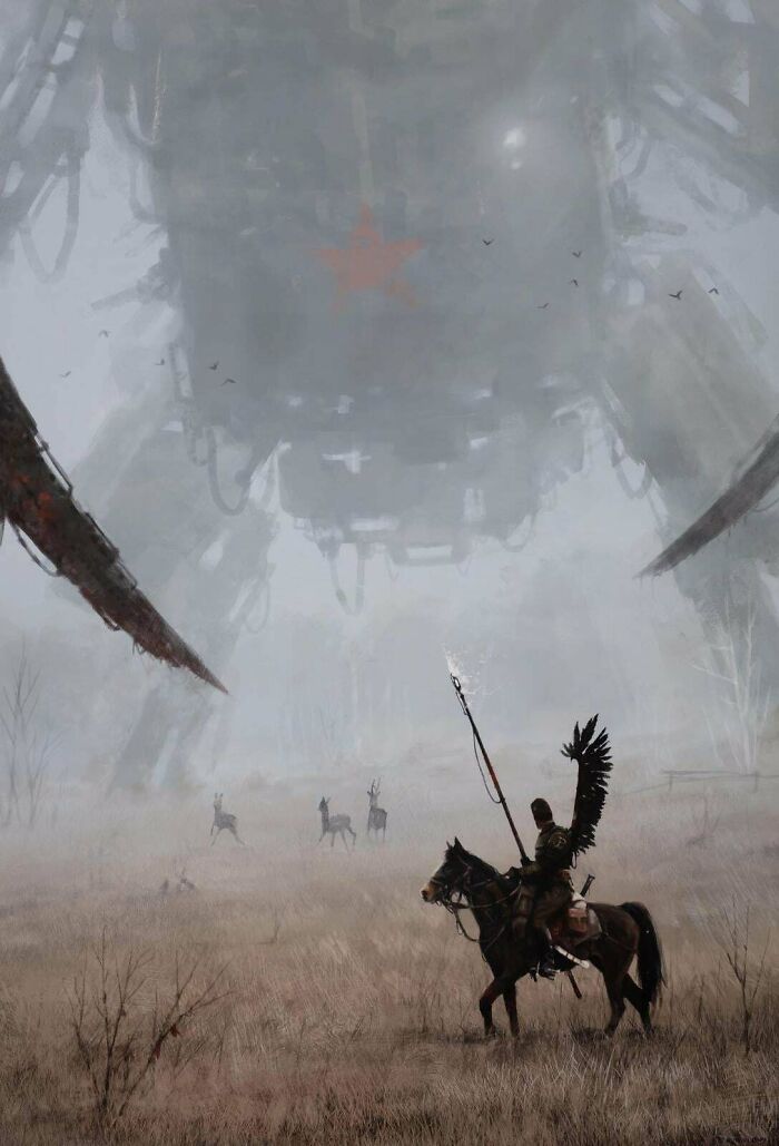 A lone warrior on horseback with a spear faces a scarily big mechanical giant in a foggy field with deer nearby.