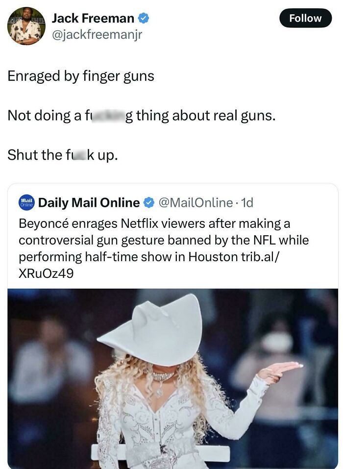 Tweet expressing frustration over finger gun controversy, highlighting facepalm moments about gun issues.