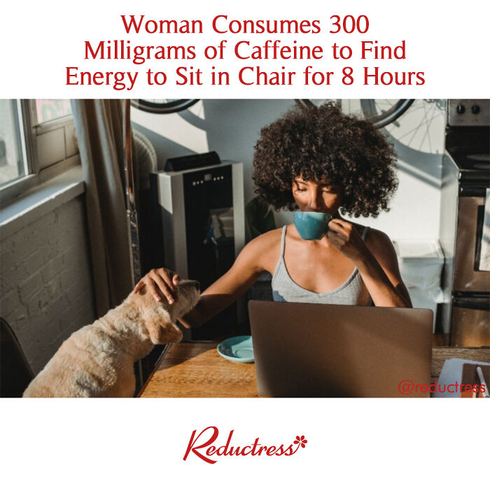 Woman drinking coffee while working on laptop and petting dog, example of funny fake article headlines from Reductress.