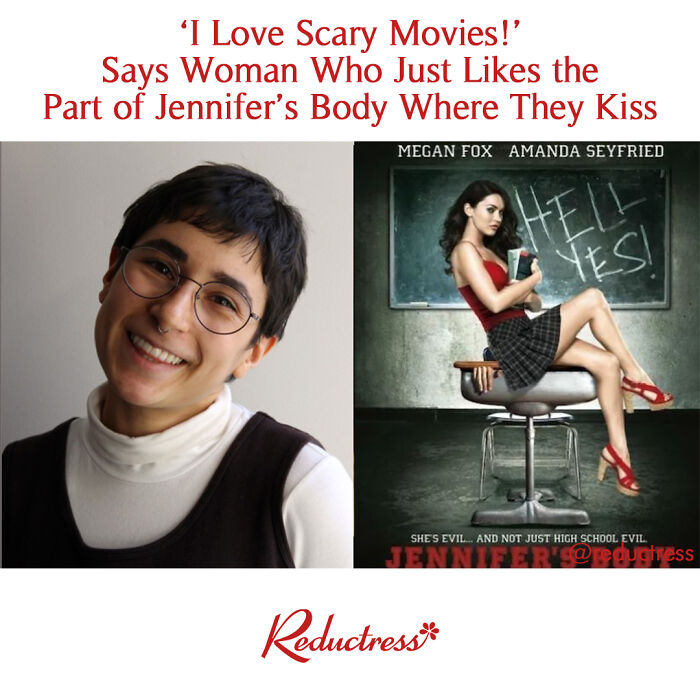 Smiling woman with glasses next to a humorous fake movie poster, showcasing funniest fake article headlines from Reductress.