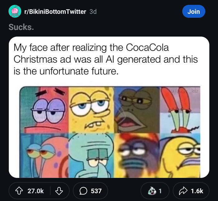 SpongeBob memes reflecting ironic and sad views on consumerism through AI-generated ads.