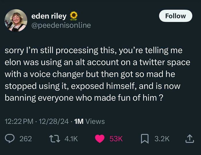 Screenshot of White People Twitter tweet discussing Elon Musk using an alt account and banning critics on Twitter.