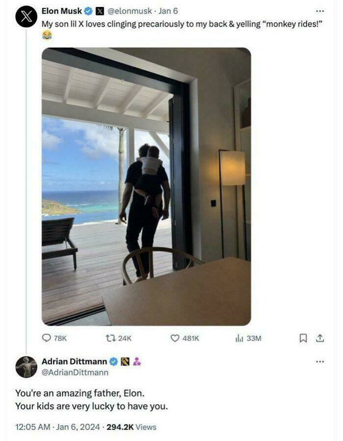 Screenshot of a white people Twitter post showing a father carrying his child with comments praising him.