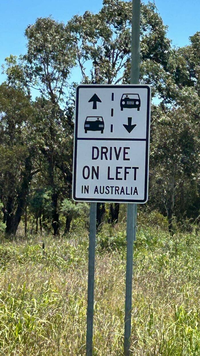 Australian road sign indicating to "Drive on Left" amidst trees and grass.