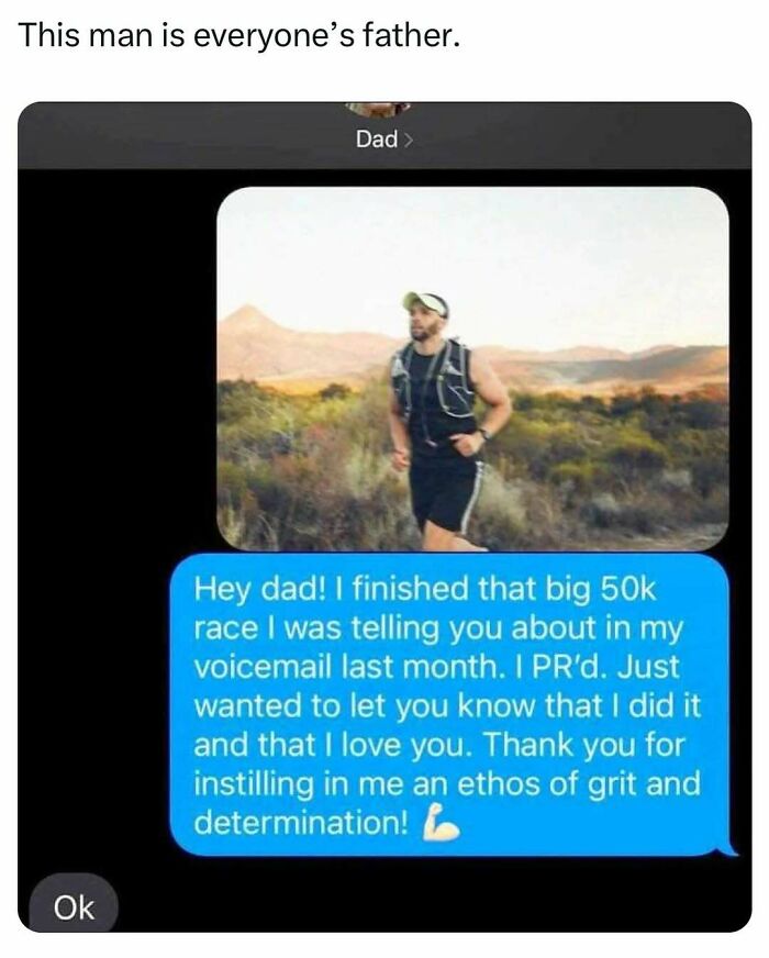 Dad meme text message about running a 50k race and gratitude for motivation, with a reply of "Ok."