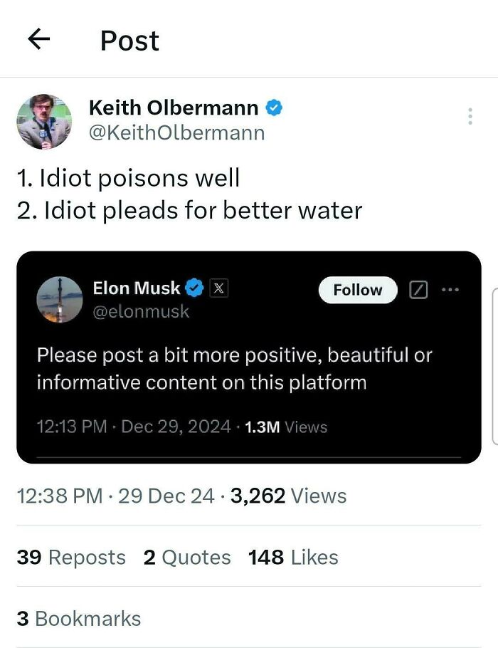 Tweet exchange screenshot featuring Elon Musk and Keith Olbermann, highlighting satire and commentary on social media behavior.