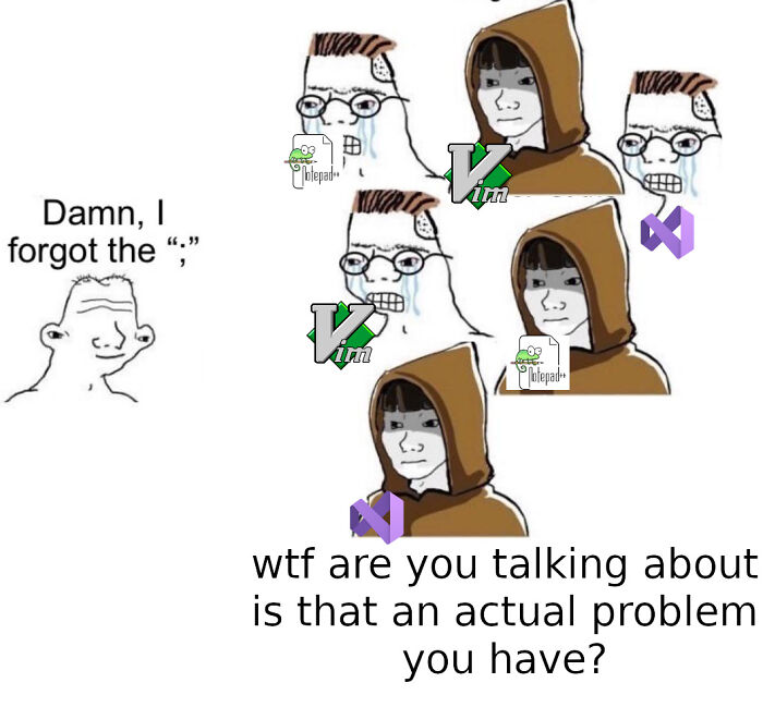 Programmers meme showing the frustration with missing a comma in different text editors.