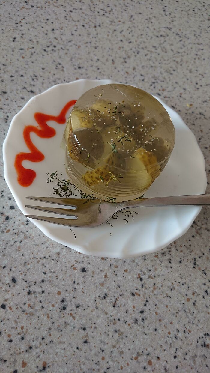 Pickle Jelly Garnished With Garlic Salt And Sriracha🧚‍♀️✨ (Eat With Tiny Fork For Full Experience)