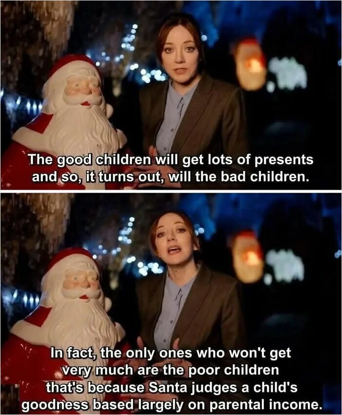 Woman humorously discussing Santa and gifts with a Santa statue; relatable meme for a good laugh in 2025.
