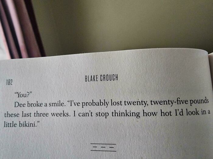 Excerpt from a Blake Crouch book showing male author dialogue about women's appearance and weight loss.