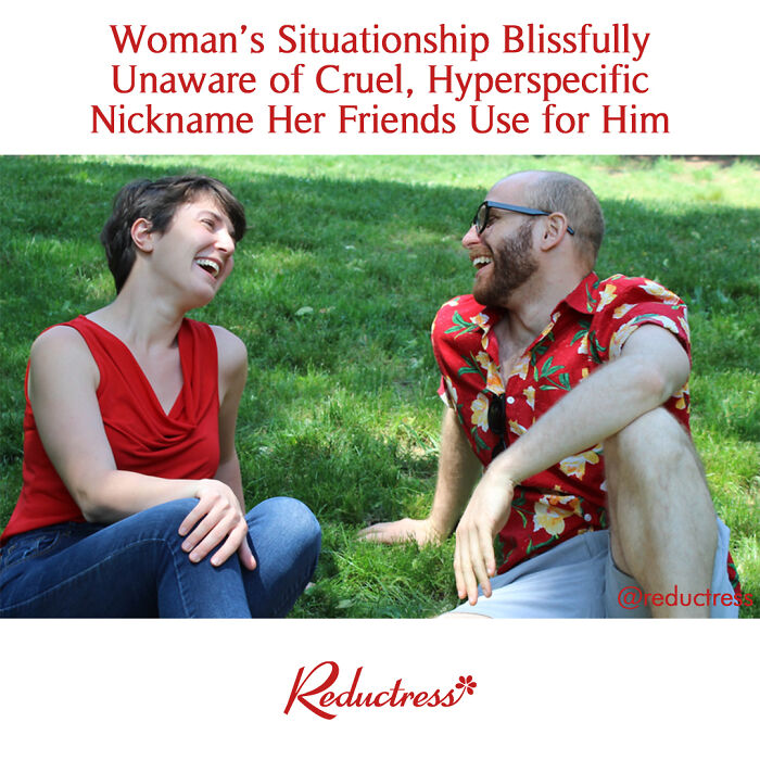 Two people laughing together on grass in a humorous scene from Reductress funny fake article headlines online magazine.