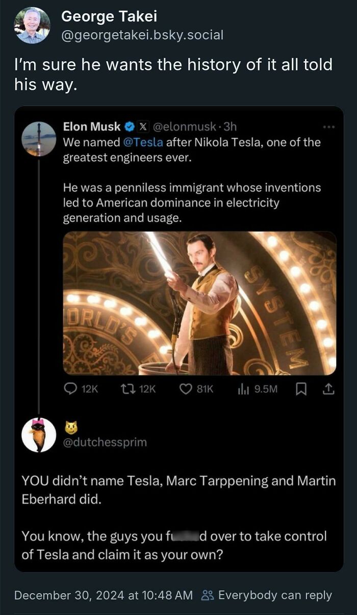 Tweet showing a facepalm moment discussing Tesla’s naming with missing basic logic in the historical claim context.
