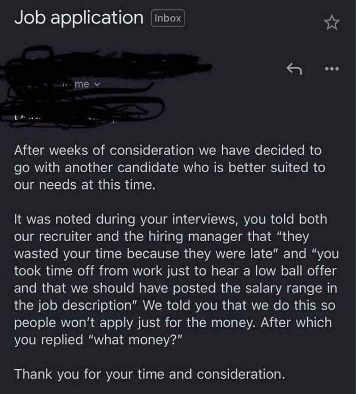 Job rejection email showing a facepalm moment that highlights absence of basic logic during the interview process.