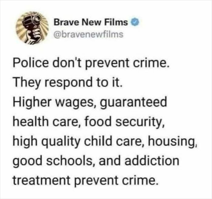 Meme text about crime prevention strategies by Brave New Films, emphasizing social services over policing, for spicy brain audiences.