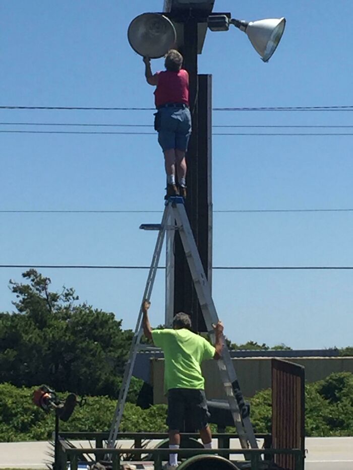 It's Ok To Stand On The Top Of The Ladder As Long As It's Set Up On A Trailer