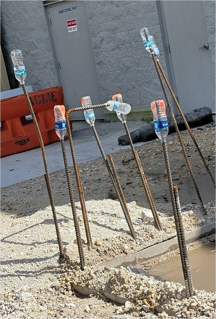 Ever Seen Water Bottles Used As Rebar Safety Caps? Taken At A Walmart In Miami, Fl