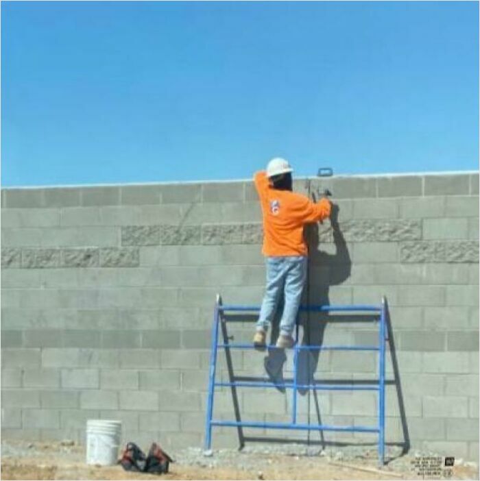 Me: “Safety Regulations Say No Ladders On This Job Site, You Have To Work Of Scaffolding”. My Crew: