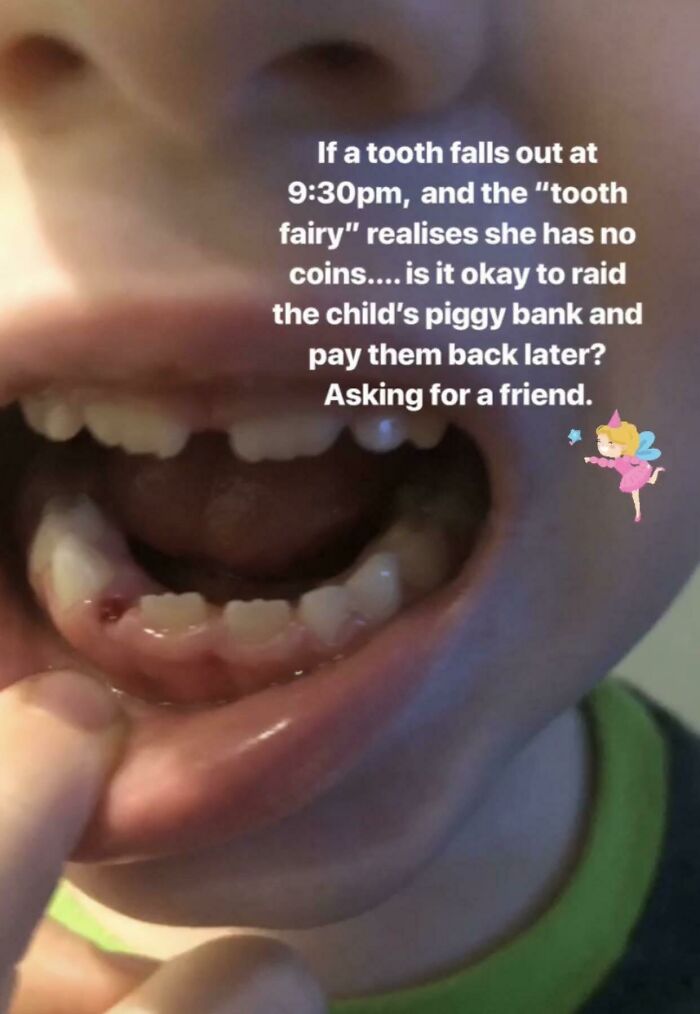 Close-up of a child's open mouth showing a missing tooth with a humorous text about the tooth fairy, related to ignorant-parents.