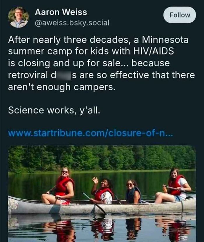 Screenshot from White People Twitter about Minnesota summer camp closing due to effective HIV/AIDS treatment.