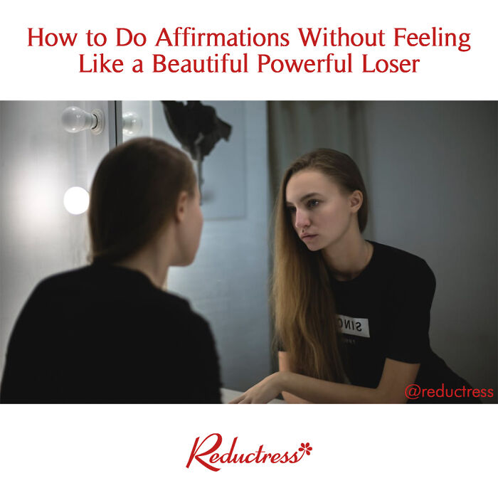 Young woman looking thoughtfully in mirror, reflecting on affirmations in a humorous reductress fake article headline.