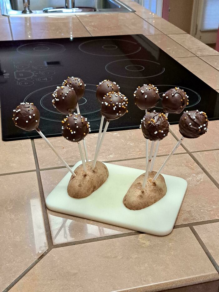 Chocolate cake pops displayed in potatoes, showcasing unique baker concoctions in a kitchen setting.