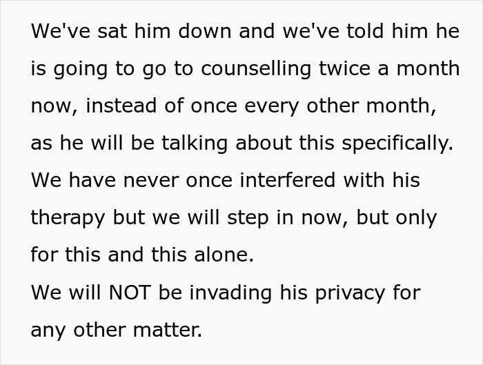 Text discussing increased counseling for a teenager who believes chores are a woman's job, parental intervention noted.
