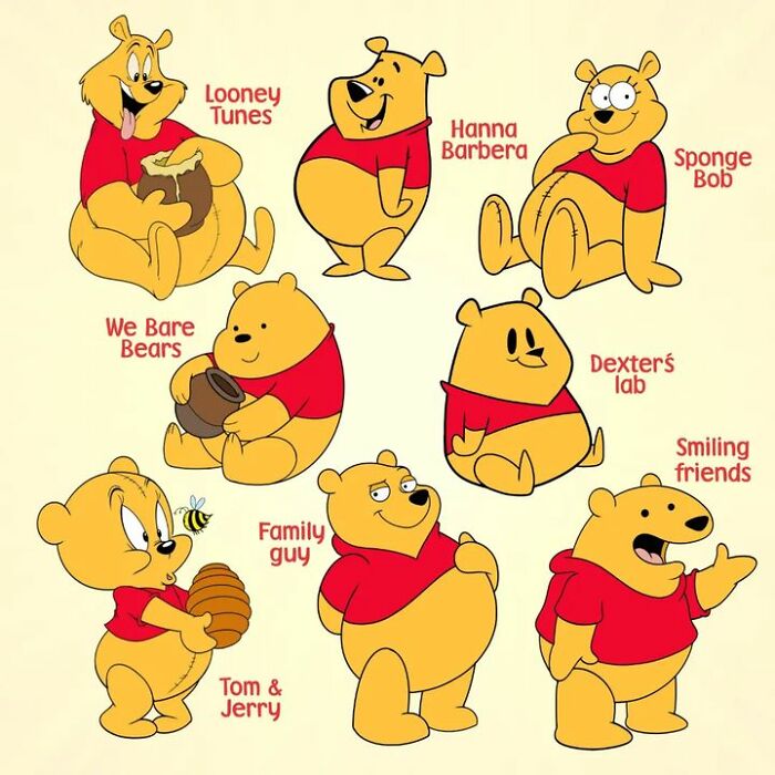 Pop culture characters illustrated in various cartoon styles, featuring a familiar bear in unique adaptations.
